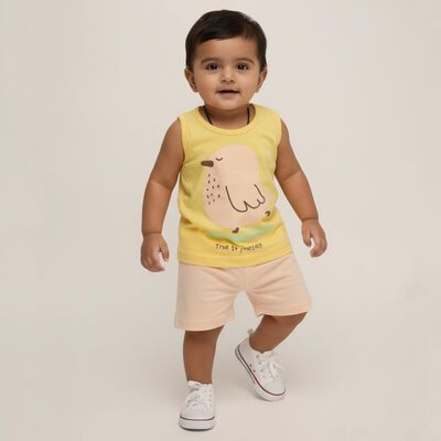 Infants Bright Yellow Cotton Round Neck Casual Sleeveless Top and Peach Shorts Set