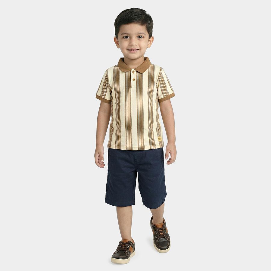 Boys Beige Polo Neck Striped T-Shirt, गहरा पीला, large