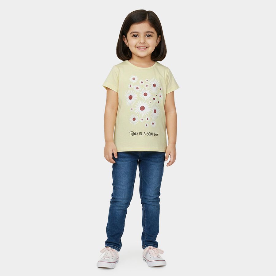 Girls' Yellow Cotton Round Neck Casual T-Shirt, पीला, large