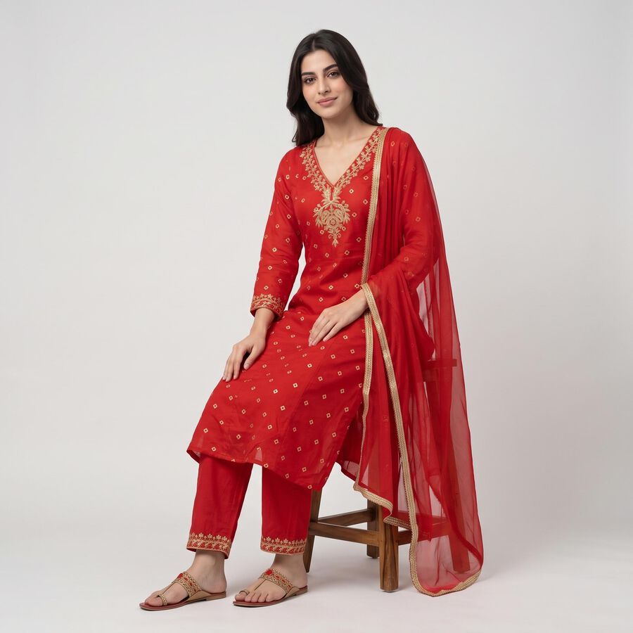 Women's Red Embroidered Ethnic Set, Red, large