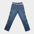Girls' Light Blue Straight Fit Bow Jeans, हल्का नीला, small