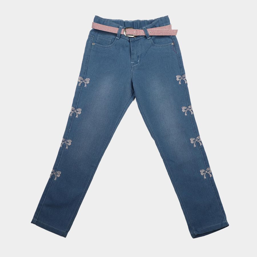 Girls' Light Blue Straight Fit Bow Jeans, हल्का नीला, large