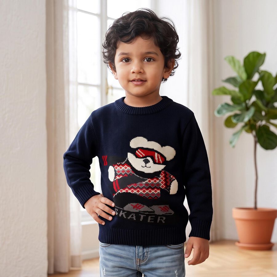 Boys' Navy Blue Crew Neck Graphic Pullover, Navy Blue, large