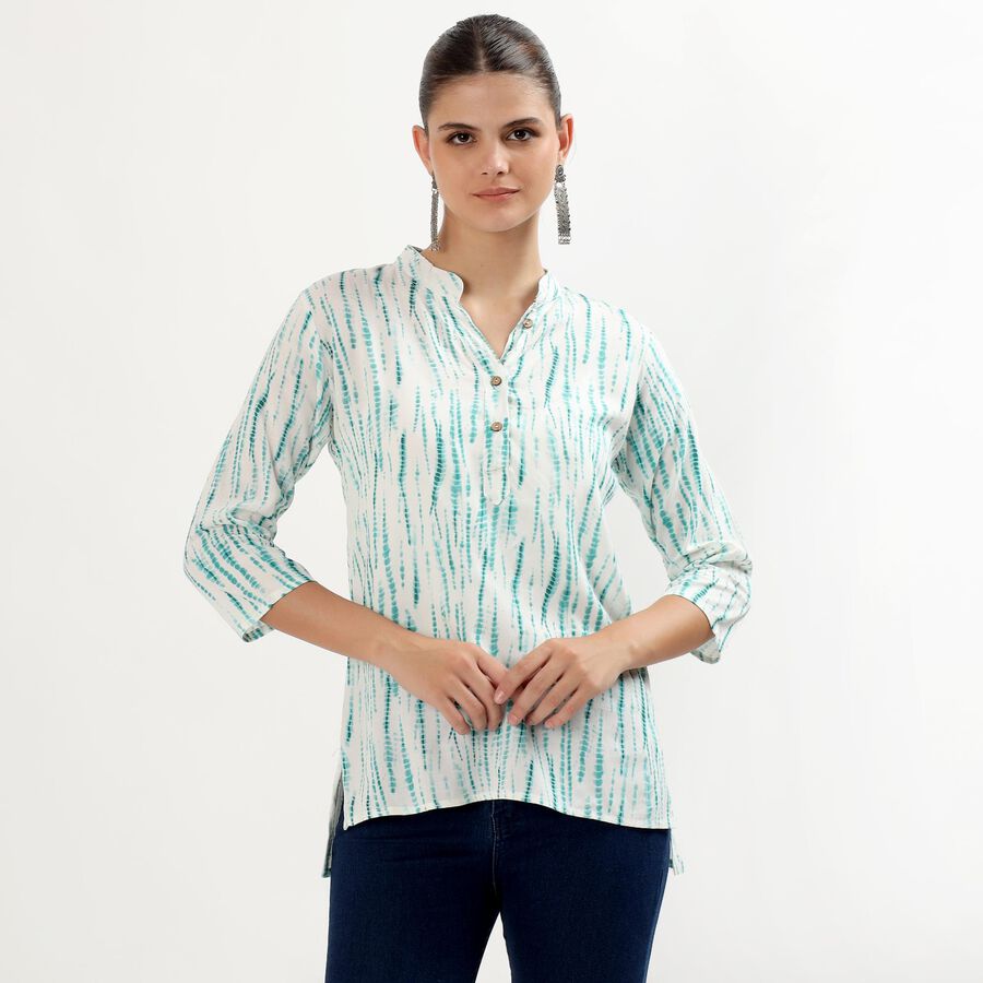 Women's Muted Aqua Green Mandarin Collar Printed Kurti, गहरा हरा, large image number null