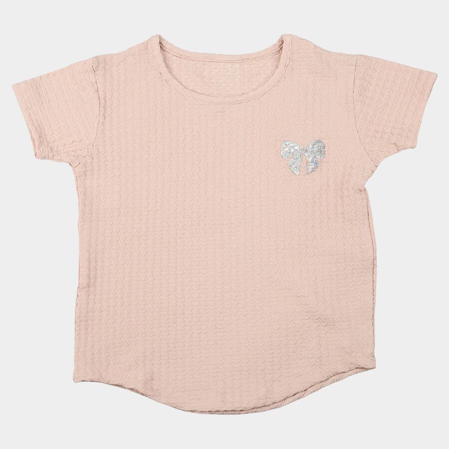 Girls Peach Round Neck Regular T-Shirt, पीच, large