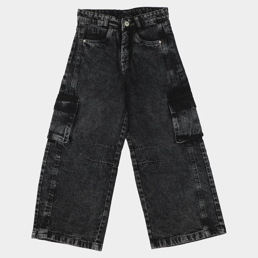 Girls' Black Wide Leg Cargo Jeans, Black, large