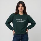Women&rsquo;s Green Crew Neck Graphic Print Sweatshirt, गहरा हरा, small