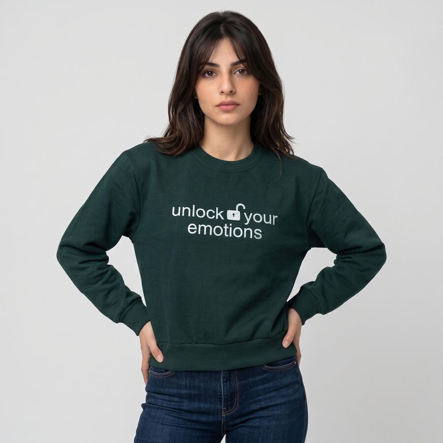 Women&rsquo;s Green Crew Neck Graphic Print Sweatshirt, गहरा हरा, large