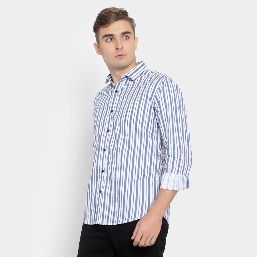 Cotton Stripes Casual Shirt, Navy Blue, large image number null