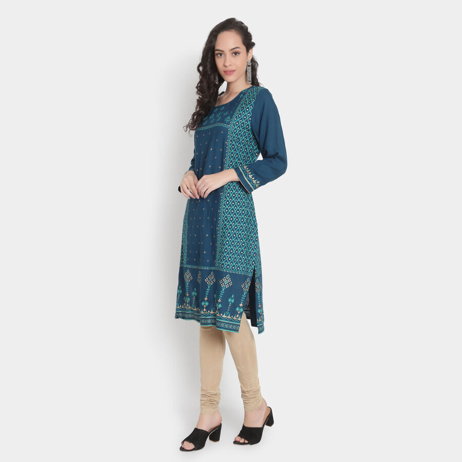 3/4th Sleeves Straight Kurta, Teal Blue, large image number null