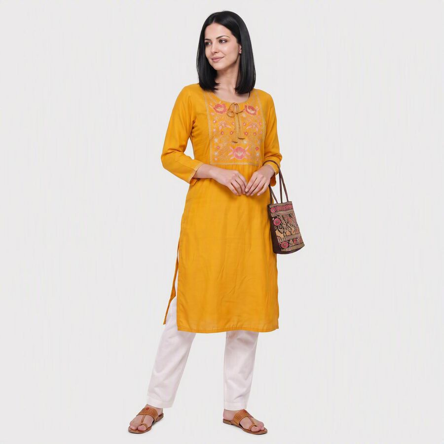 Women's Yellow Round Neck Embroidered Kurta, Yellow, large