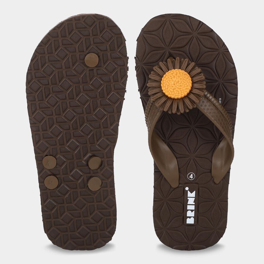 Women's Brown Floral Toe-Post Flip-Flops, भूरा, large