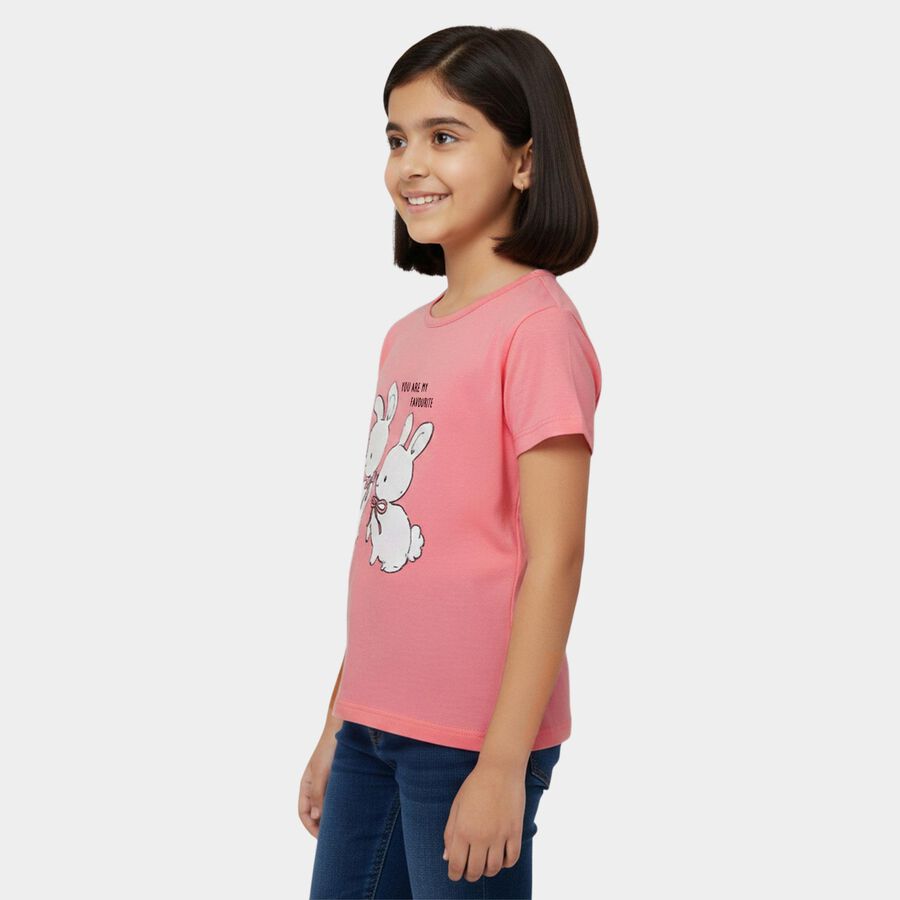 Girls' Pink Round Neck Graphic Printed T-Shirt, गुलाबी, large