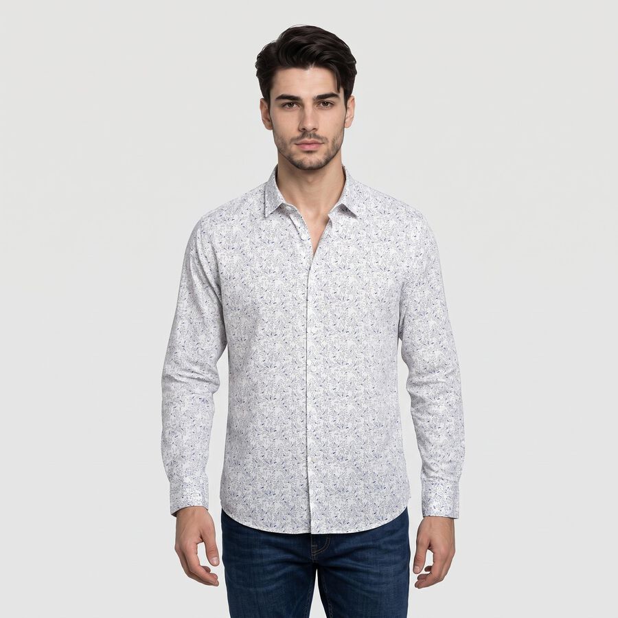 Men's Off White Cotton Floral Casual Shirt, Off White, large