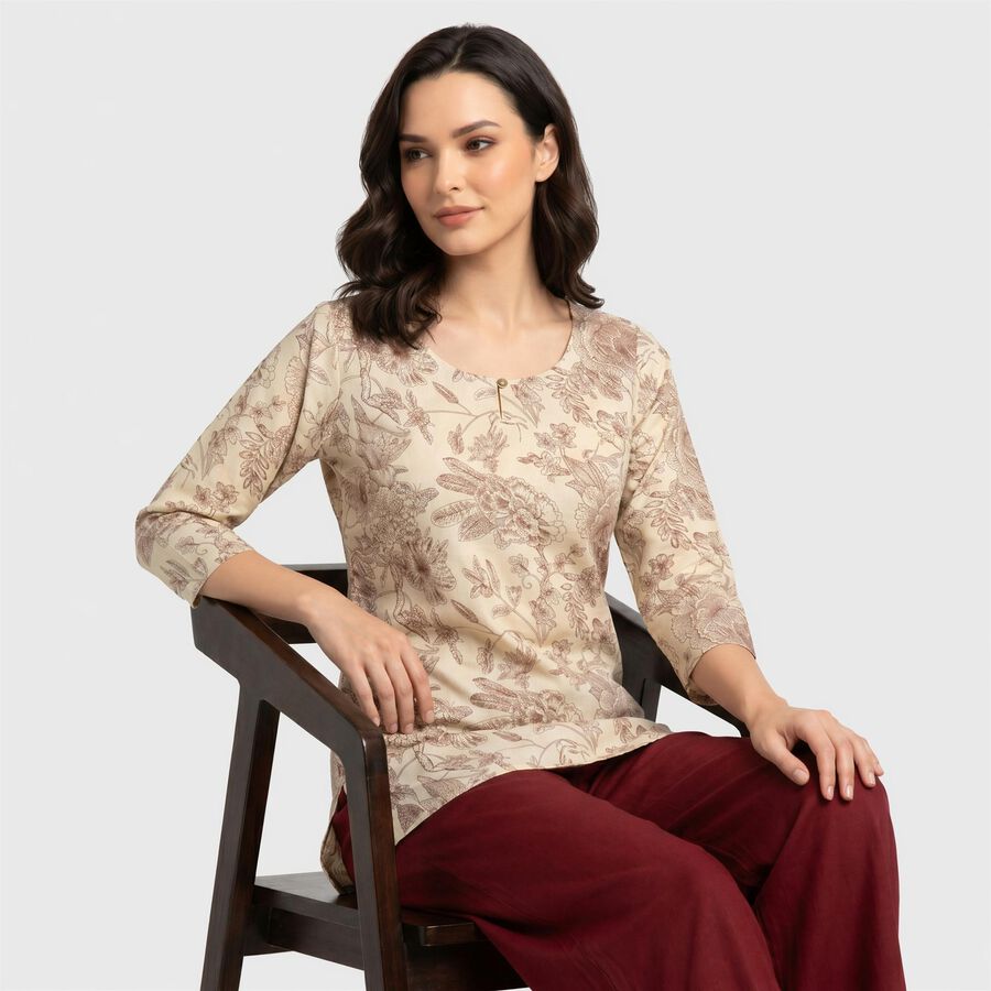 Women's Cream Round Neck Floral Printed Straight Kurti, ऑफ व्हाइट, large