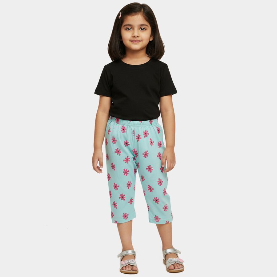 Girls' Teal Printed Regular Fit Cotton Blend Capri, Aqua, large