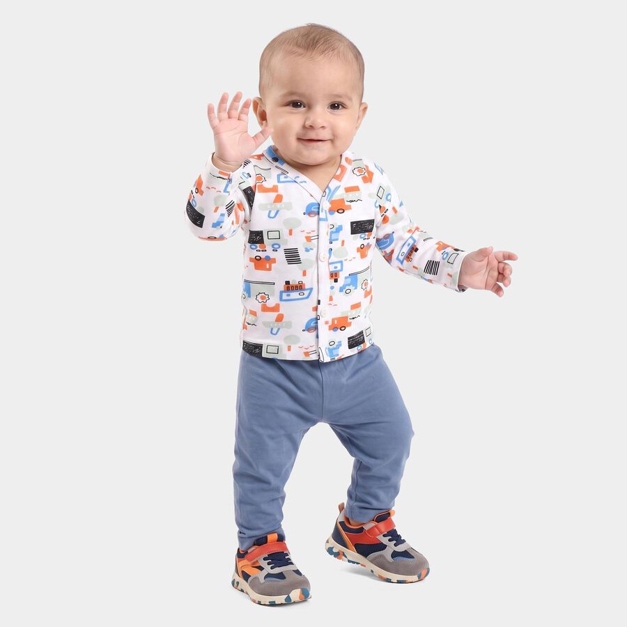 Infants White Cotton Henley Neck Printed T-Shirt, White, large