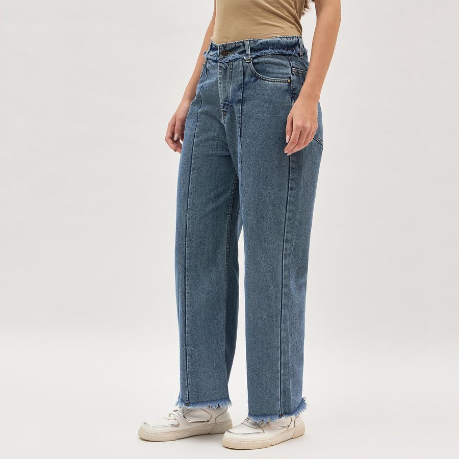 Women's Stonewashed Blue Wide-Leg High-Rise Jeans, मध्यम नीला, large image number null