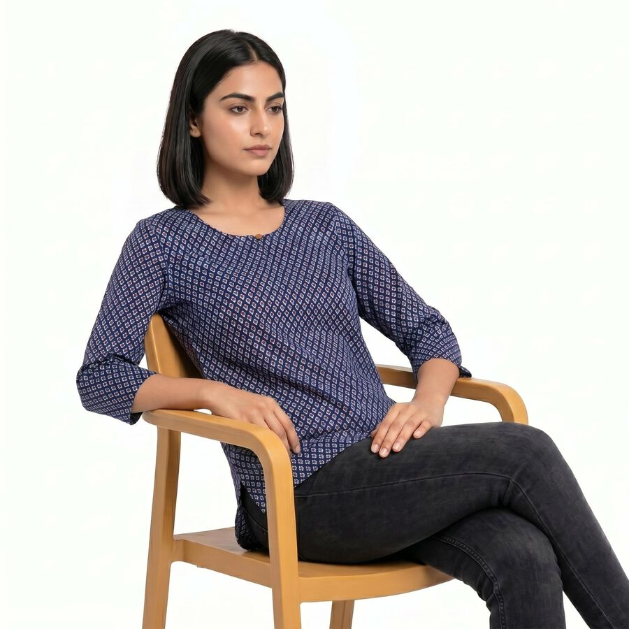Women's Navy Blue Round Neck Printed Kurti, गहरा नीला, large