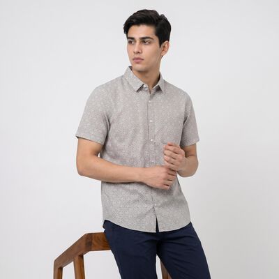 Men's Grey Cotton Geometric Regular Fit Casual Shirt