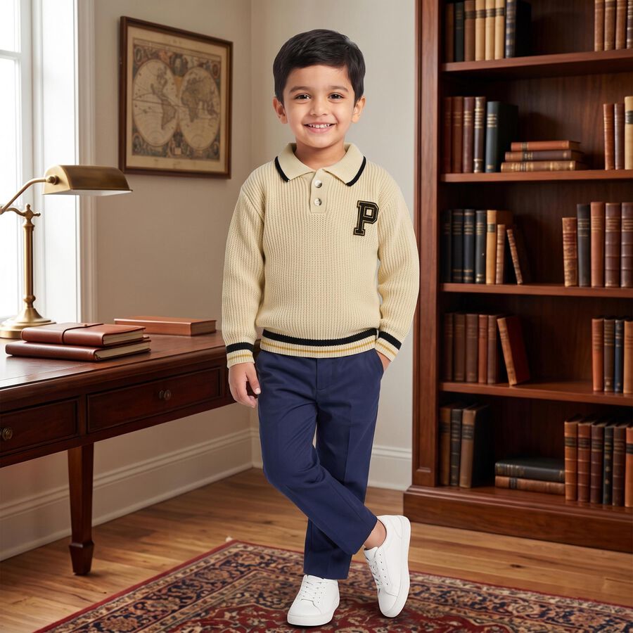 Boys' Cream Polo Collar Long Sleeve Pullover, ऑफ व्हाइट, large