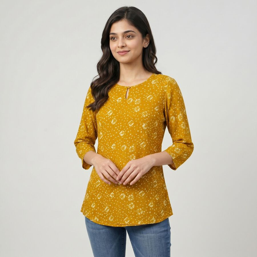 Women's Mustard Round Neck Printed Straight Kurti, Yellow, large