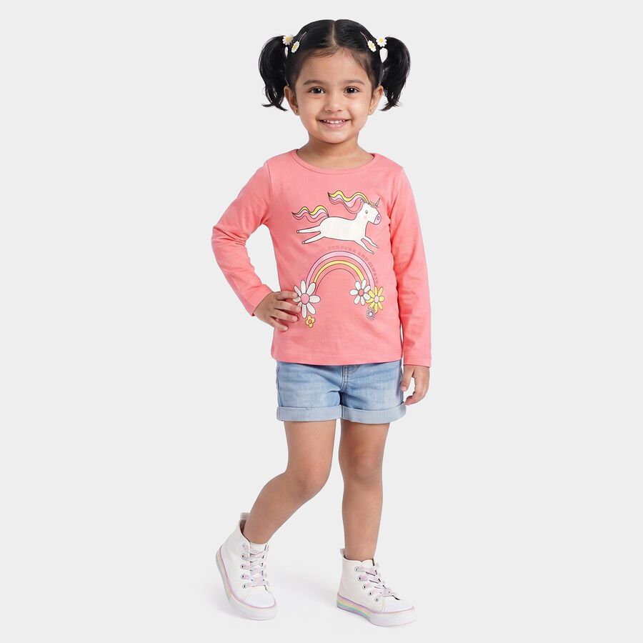 Girls' Coral Round Neck Regular Top, मूँगा (कोरल), large