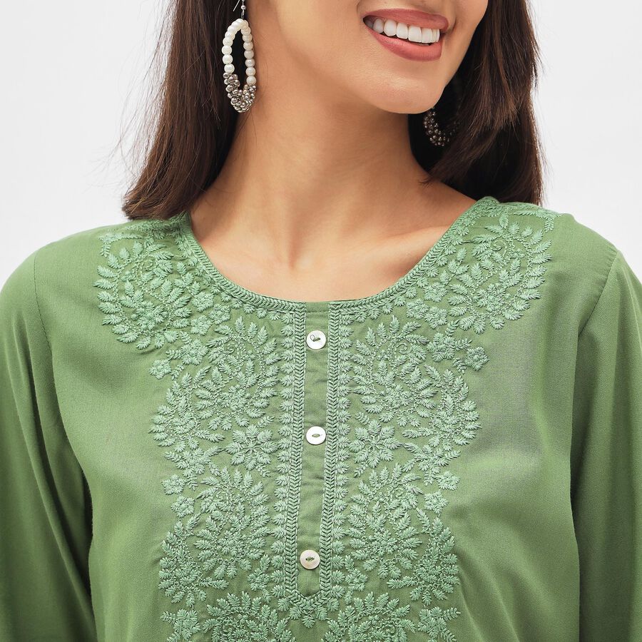 Women's Olive Green Round Neck Embroidered Kurta, Olive, large image number null