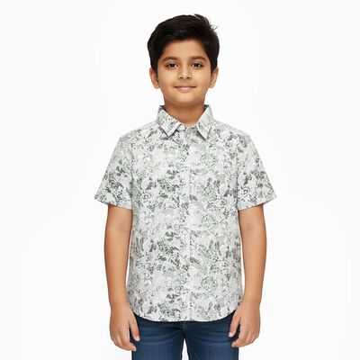 Boys Light Sage Green and White Cotton Half Sleeve Classic Collar Casual Shirt