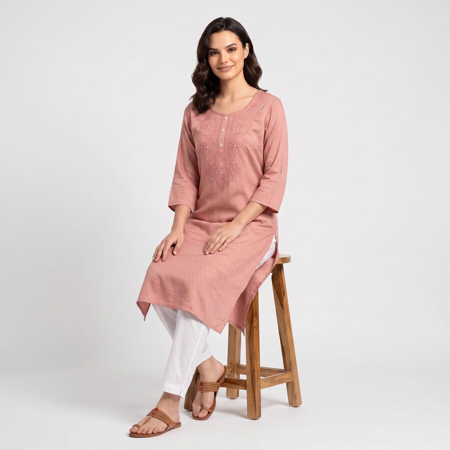 Women's Pink Round Neck Embroidered Kurta, Pink, large