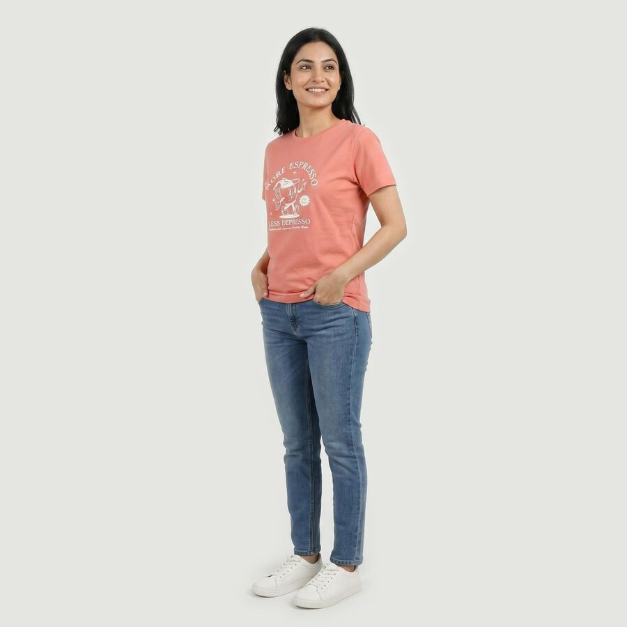 Women Pink Round Neck Casual T-Shirt, Pink, large