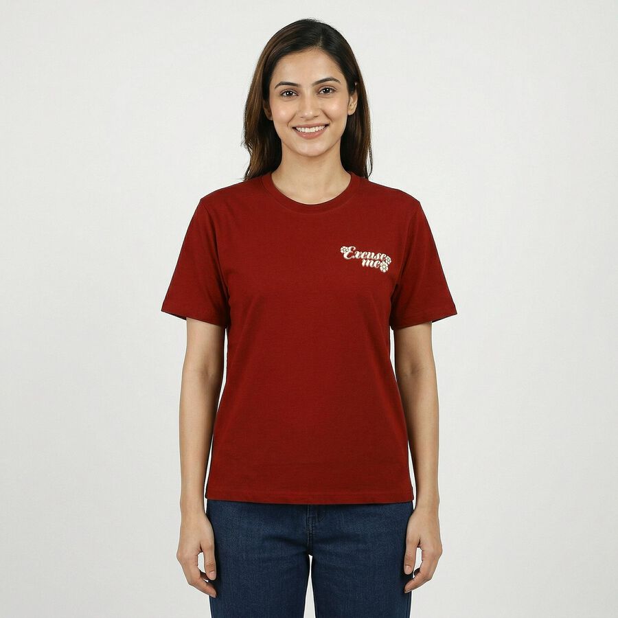 Women Rust Cotton Round Neck Casual T-Shirt, Rust, large