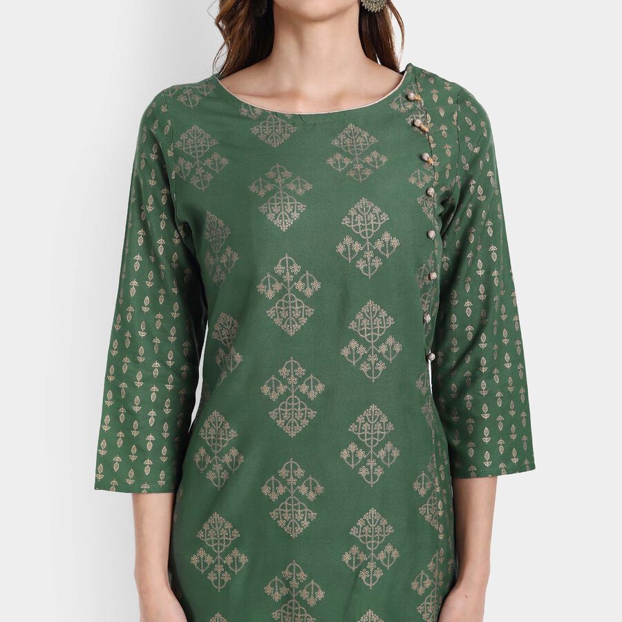 Printed Straight Kurta, Dark Green, large image number null