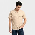 Men's Beige Cotton Camp Collar Casual Shirt, Beige, small
