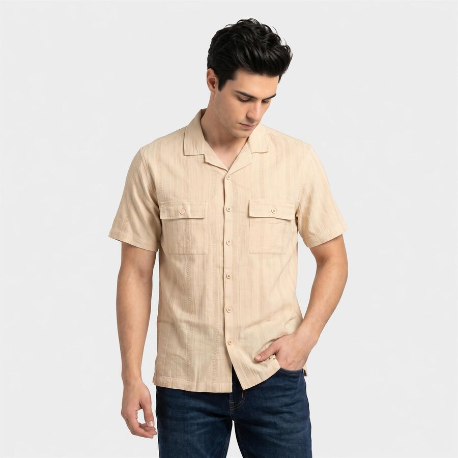 Men's Beige Cotton Camp Collar Casual Shirt, Beige, large