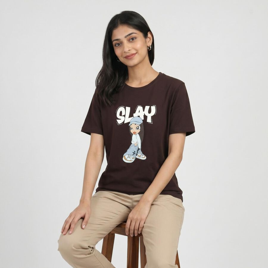 Women's Wine Cotton Round Neck Regular T-Shirt, वाइन, large