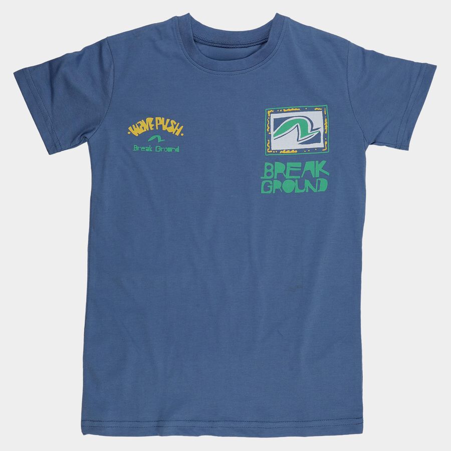 Boys' Navy Blue Round Neck Graphic Printed T-Shirt, Mid Blue, large
