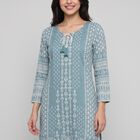 Women's Blue Round Neck Tie-Up Printed Kurta, मध्यम नीला, small