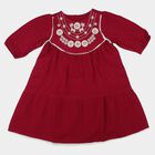 Girls' Maroon Tiered Embroidered Yoke Frock, वाइन, small