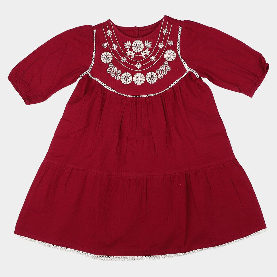 Girls' Maroon Tiered Embroidered Yoke Frock, वाइन, large