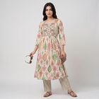 Women's Cream Notch Neck Printed Kurta, Off White, small