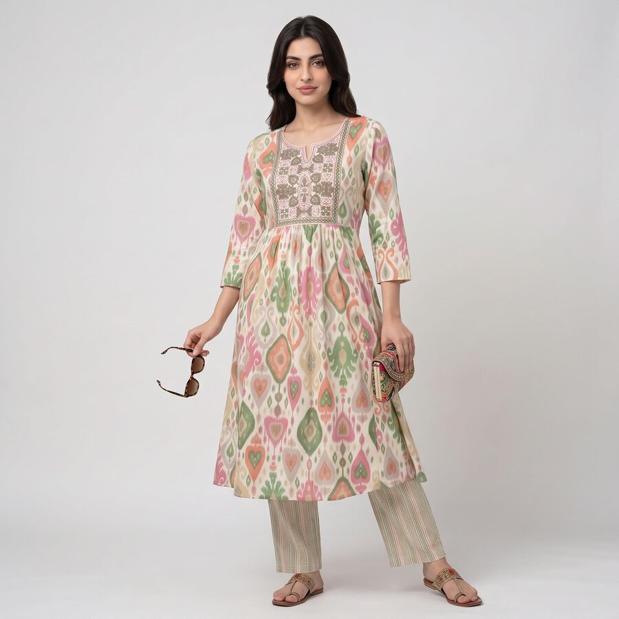 Women's Cream Notch Neck Printed Kurta, Off White, large