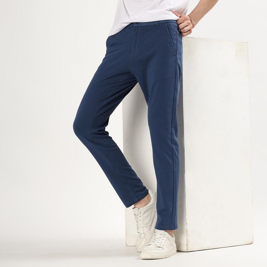 Men's Deep Steel Blue Slim Fit Cross Pocket Casual Trousers, गहरा नीला, large image number null