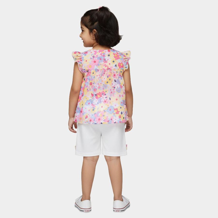 Girls Yellow Sleeveless Floral Top and White Shorts Set, पीला, large
