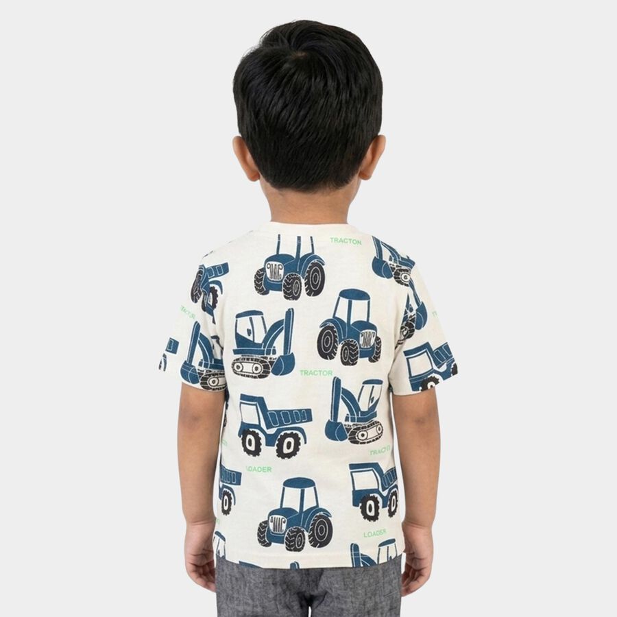 Boys' White Cotton Round Neck Printed T-Shirt, ऑफ व्हाइट, large