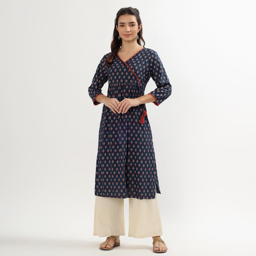 Women's Dark Blue Round Neck Printed Kurta, Dark Blue, large image number null