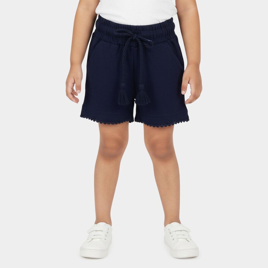 Girls' Navy Blue Scalloped Hem Cotton Blend Shorts, Navy Blue, large