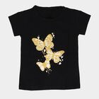 Girls' Black Cotton Round Neck Butterfly Printed T-Shirt, Black, small