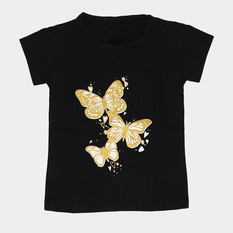Girls' Black Cotton Round Neck Butterfly Printed T-Shirt, Black, large