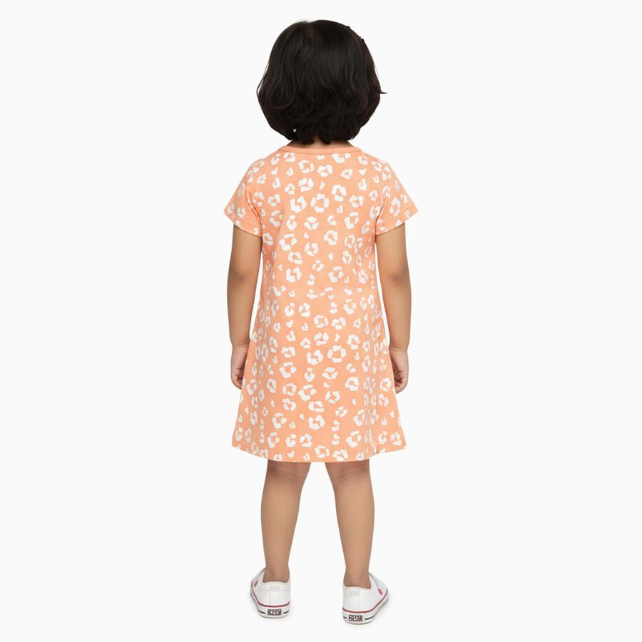 Girls' Peach Animal Print A-Line Frock with Patch Pockets, Light Pink, large